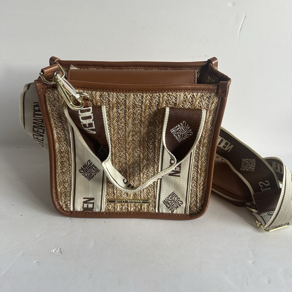 Steve Madden Bwebber Straw Satchel Crossbody Logo Bag Cognac 9" With Small Pouch - Picture 2 of 11